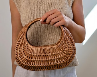 Bolsa de vime artesanal, mini ou maxi // Bolsa retrô de vime // Cesta de vime com uma alça