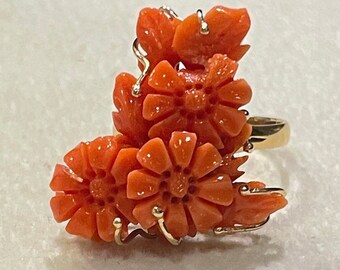 Genuine Natural Hawaiian Carved Flowers Pink Coral 14k Ring