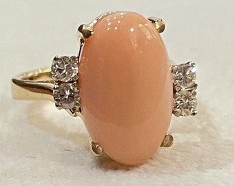 14k Yellow Gold Oval Cabochon Natural Hawaiian Salmon Pink Coral Diamond Ring