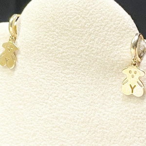 Vintage 14k Yellow Gold Teddy Bear Dangle Huggie Hoop Earring Pair