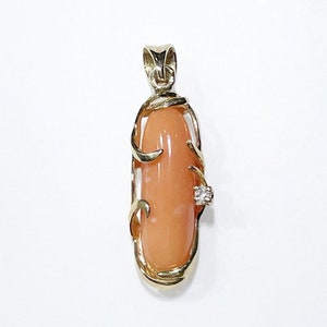 Genuine Natural Hawaiian Salmon Pink Coral Diamond 14k Yellow Gold Pendant
