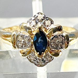 Marquise Brilliant Sapphire and Diamond 14k Yellow Gold Ring Size 6.5
