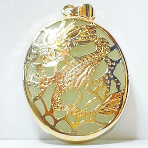 Light Green Jade Oval Gold Plated Dragon Motif Pendant