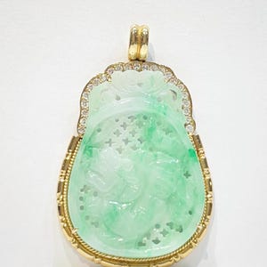 Carved Green White Jade Dragon CZ 14k Yellow Gold Pendant