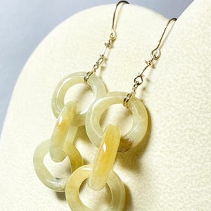 Mottled Green Jade Interlocking Rings 14k Yellow Gold Drop Earring Pair