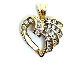 Vintage 10k Yellow Gold Diamond Heart Pendant - Solid Gold Filigree