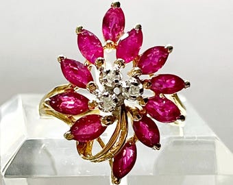 14k Yellow Gold Marquise Brilliant Ruby and Diamond Ring