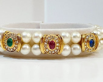 Nachlass Akoya Perlen Armband: 750er Gold, Rubin, Smaragd, Saphir, Diamant