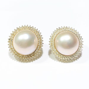 Nachlass Zuchtperlen 14k Gelbgold Diamant Ohrringpaar 15,25 mm