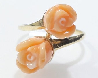 Genuine Natural Hawaiian Pink Carved Rose Coral 10k Yellow Gold Ring