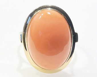 Genuine Natural Hawaiian Pink Oval Cabochon Coral 14k Yellow Gold Ring