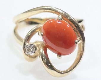 Genuine Natural Hawaiian Red Oval Cabochon Coral Diamond 14k Yellow Gold Ring