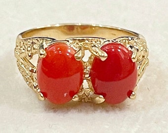 Genuine Natural Hawaiian Tomato Red Double Oval Cabochon Coral Ring 14k Yellow Gold