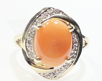 Echte natuurlijke Hawaiiaanse roze ovale cabochon koraal diamanten 14k geel gouden ring