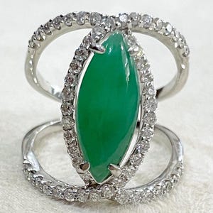 Green Marquise Jade Cabochon Diamond Pave 14k White Gold Ring
