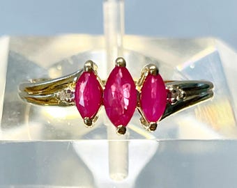 Marquise Brilliant Ruby and Diamond 14k Yellow Gold Ring Size 6.75