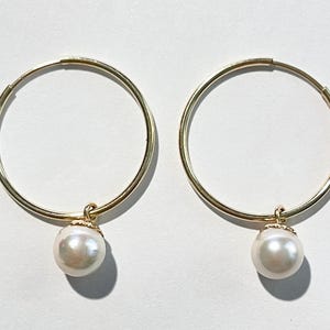 Dangling Pearl 14k Yellow Gold Hoop Earring Pair