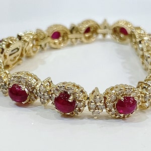 14k Yellow Gold Ruby Cabochon Diamond Link Bracelet • Estate Heirloom Jewelry
