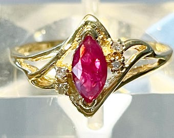 Marquise Brilliant Ruby and Diamond 14k Yellow Gold Ring Size 6.5