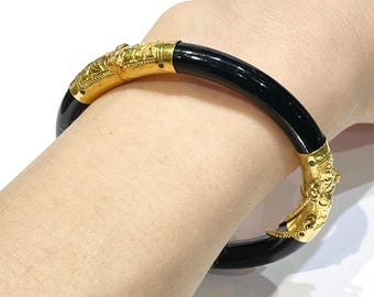 Vintage 24k Yellow Gold Black Coral Hinged Bracelet 6.25" inch