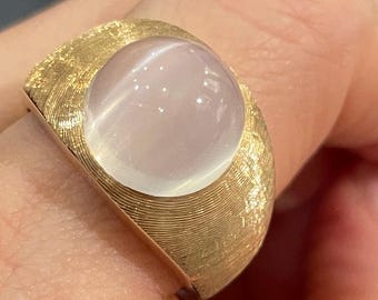 Anello in oro giallo 14k con pietra di luna cabochon rotonda, misura 9