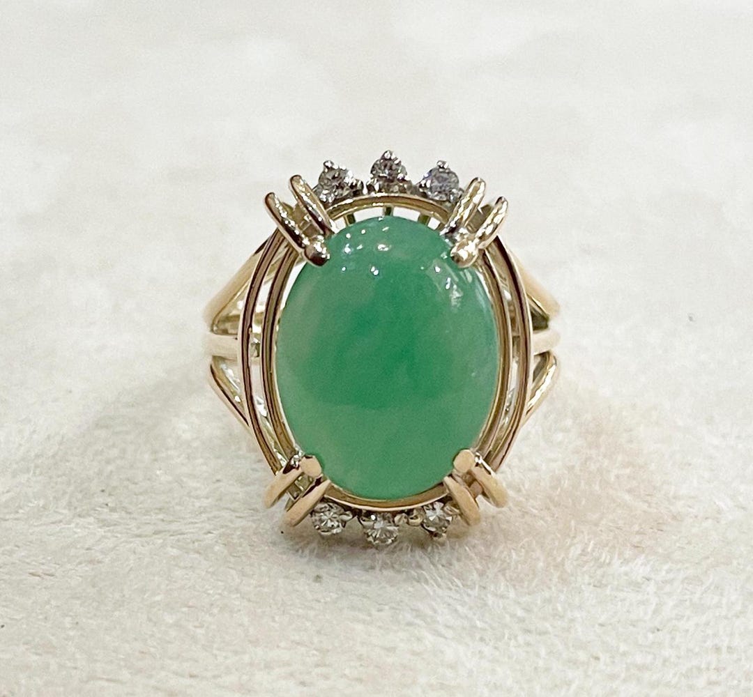 Green Oval Jade Cabochon Diamond 14k Yellow Gold Ring - Etsy