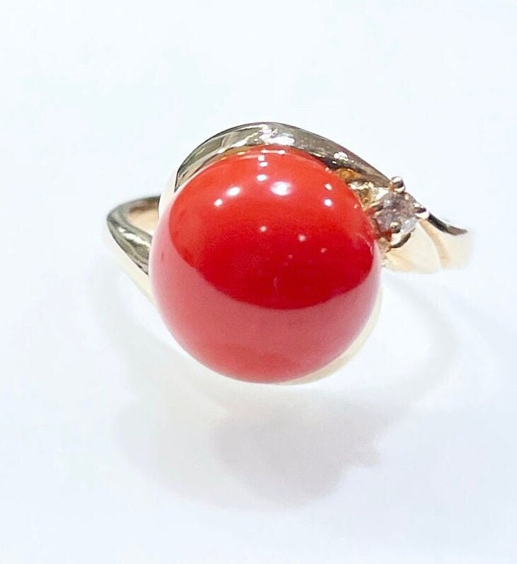 Genuine Natural Hawaiian Red Sphere Coral Diamond 14k Yellow Gold Ring