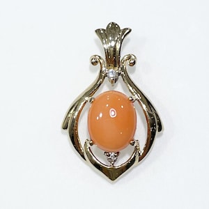 Genuine Natural Hawaiian Pink Oval Cabochon Coral 14k Yellow Gold Diamond Pendant