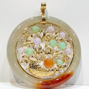 Multicolor Round Bangle Jade 14k Yellow Gold Pendant