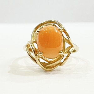 Genuine Natural Hawaiian Pink Oval Cabochon Coral 14k Yellow Gold Ring
