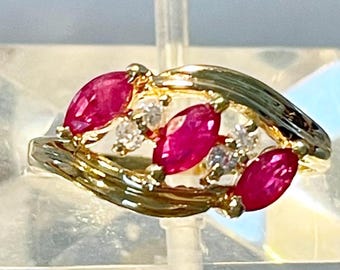 14k Yellow Gold Marquise Brilliant Ruby and Diamond Ring Size 6