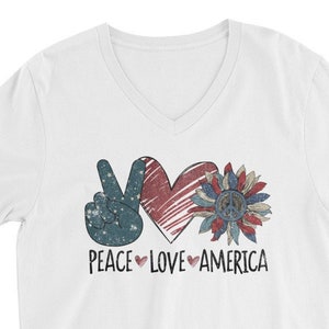 Peace, Love, America, V-Neck T-Shirt, Patriotic Shirts, USA shirts, Flag shirts