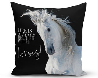 Horse Pillow Cover For Equestrian Gift, Horse Decor Or Gift For A Horse Lover, Velveteen, 22 x 22, Life Is Better With Horses!