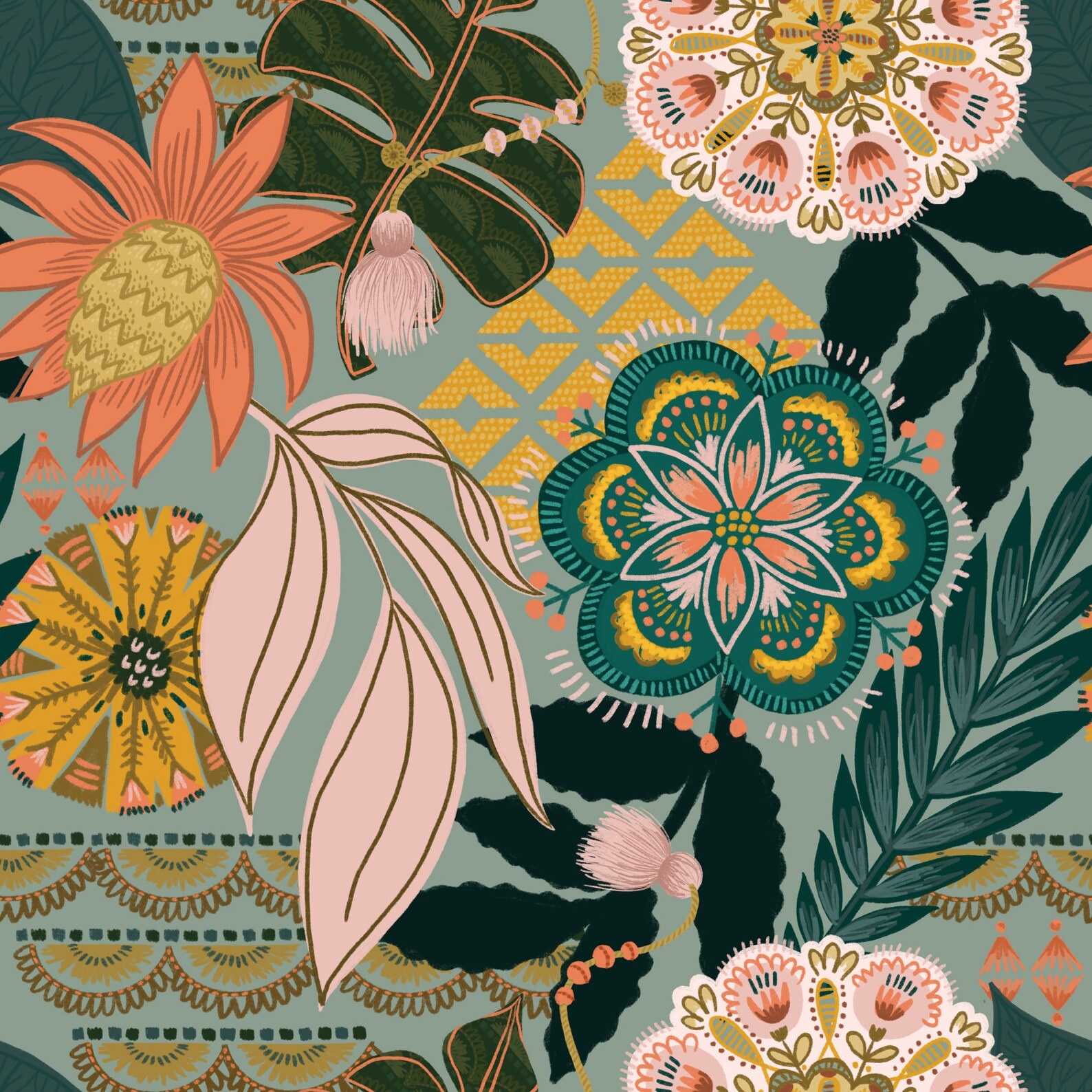 Green Boho Peel And Stick Wallpaper Self Adhesive Floral Etsy