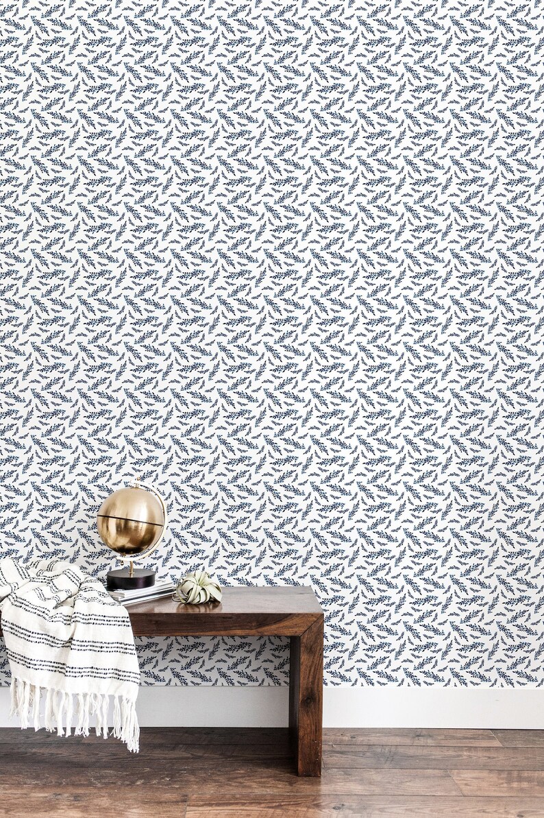 Blue Leaves Peel and Stick Wallpaper Tile Removable Wallpaper Etsy