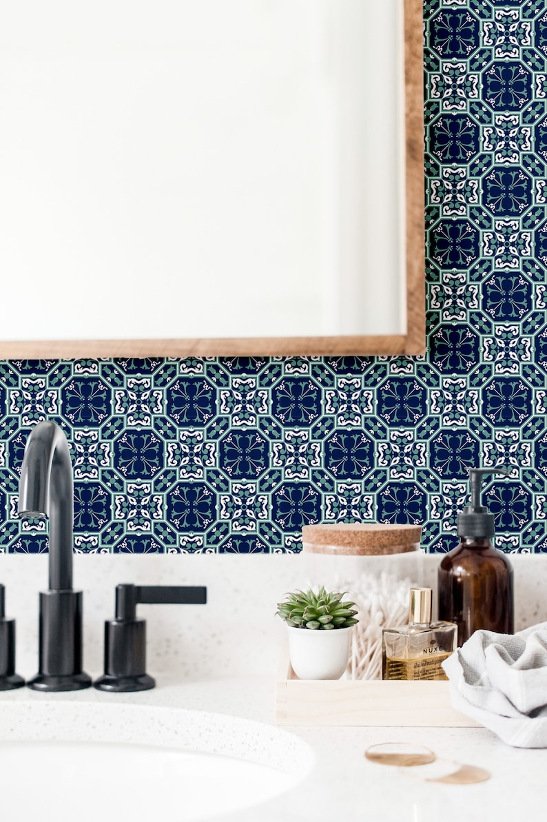 light blue peel and stick backsplash