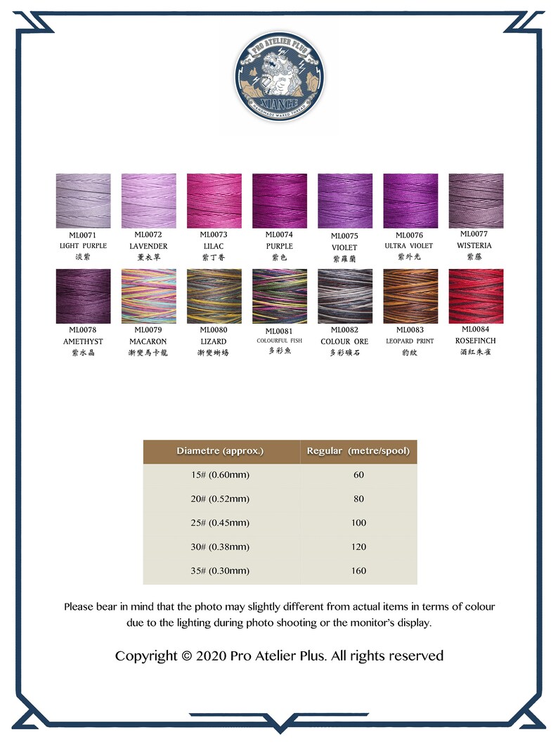 May include: A chart showing different colors of embroidery floss with their corresponding names and numbers. The chart also includes a table showing the diameter and length of the floss in millimeters and meters.