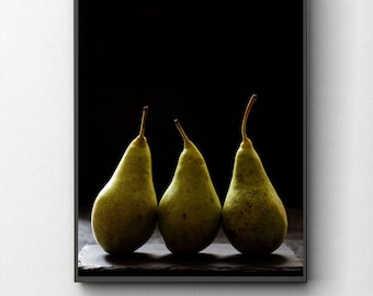 Wall art print, PEARS photography PRINT. Fruit art prints. Fruit Kitchen Farmhouse Decor, Pear poster, home decor. Kitchen wall art.