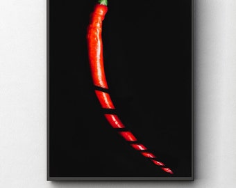 CUTTED CHILI PEPPER. Fine Art Food Photography poster Wall decor in Your kitchen or restaurant. Art Photo Print for modern interior design.