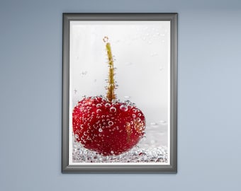 Wall art decor. Food Photography PRINT. Kitchen dining-room or restaurant decor. Fruit poster Red, pink modern home decor. Cherries photo