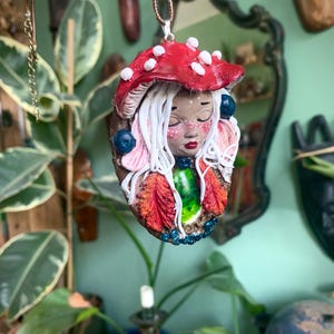 polymer clay fairy necklace | mushroom lady | forest spirit | green witch | forest guardian | druid |  fae | whimsical | gift  | fall