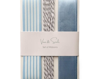 Set of 3 Satin & Cotton Ribbon Cards | Dusty Blue Ribbon Bundle | Baby Blue Wedding Invitation Ribbons | Soft Blue Gift Wrapping Ribbon Set