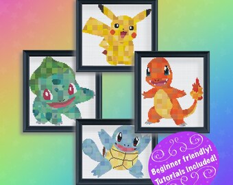 Pokemon Prism Style Cross Stitch Pattern Pack Pikachu Squirtle Bulbasaur Charmander