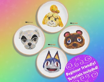 Animal Crossing Isabelle Tom Nook Rover KK Slider Prism Style Cross Stitch Pattern Pack
