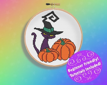 Witchy Halloween Cat With Pumpkin Cross Stitch Pattern