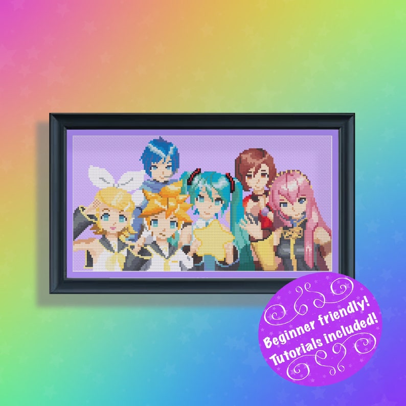 Pode incluir: Padr&atilde;o de ponto cruz com um grupo de sete personagens de anime com cabelo e roupas coloridas em um fundo roxo. Os personagens est&atilde;o todos sorrindo e olhando para o espectador. O padr&atilde;o &eacute; amig&aacute;vel para iniciantes e inclui tutoriais.
