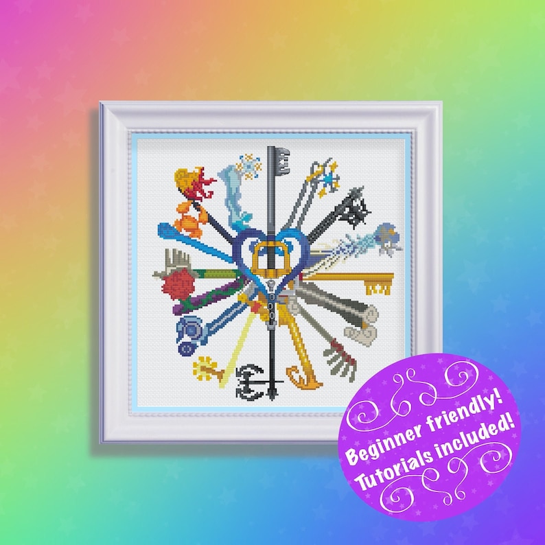 May include: Cross-stitch art in a white frame featuring a collection of stylized keys in various colors, arranged in a circular pattern. The central key is blue and gold. A purple circle with text that reads "Beginner friendly! Tutorials included!"