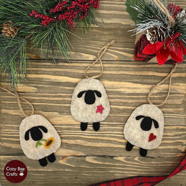 Handmade Felt Sheep Christmas Ornament: Country Sunflower Farmhouse Decor