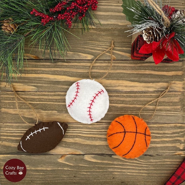 Felt Sports Ball Christmas Ornaments, Felt Football, Felt Baseball, Felt Basketball, Handmade Christmas Ornaments for Kids Children Athletes