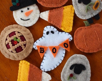 Assorted Felt Holiday Magnets, Halloween Magnets, Seasonal Magnets, Christmas Magnets, Snowman, Ghost, Candy Corn, Sheep, Pie, Pumpkin